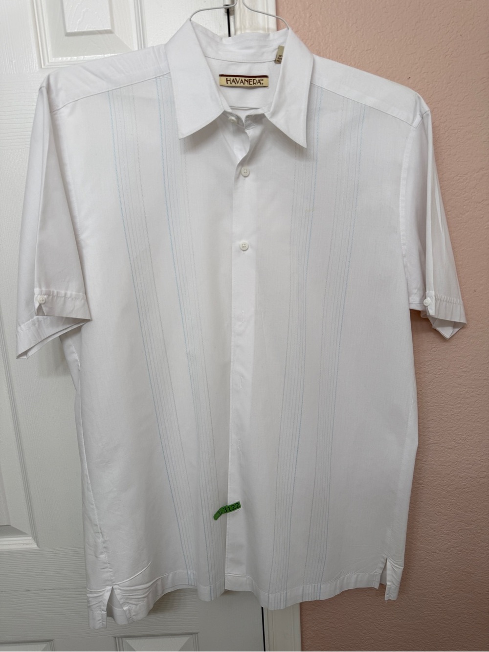 Havanera Co Mens L White Short Sleeve Guayabera Cuban Camp Shirt Light Blue Pin